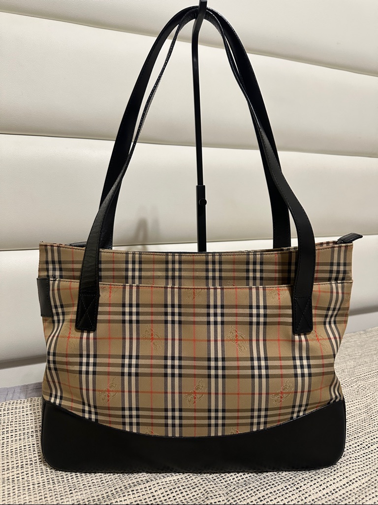 Burberry Classic Check Canvas Tote Bag With Black Leather Trim